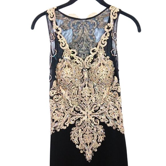 BLACK AND GOLD CRYSTAL EMBELLISHED SLEEVELESS EVENING GOWN PARTY DRESS - Picture 2 of 9